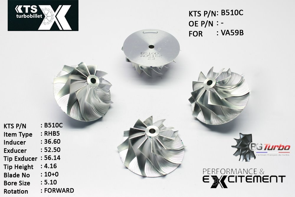 Turbo ROUE FORGÉE MFS PERFORMANCE - 10+0 PALES - INDUCER : 36,6 - EXDUCER : 52,5 - TYPE : RHB5ANGLE : 50° - ROTATION : Forward - SUPER BACK : 0 - BORE SIZE : 5,1

